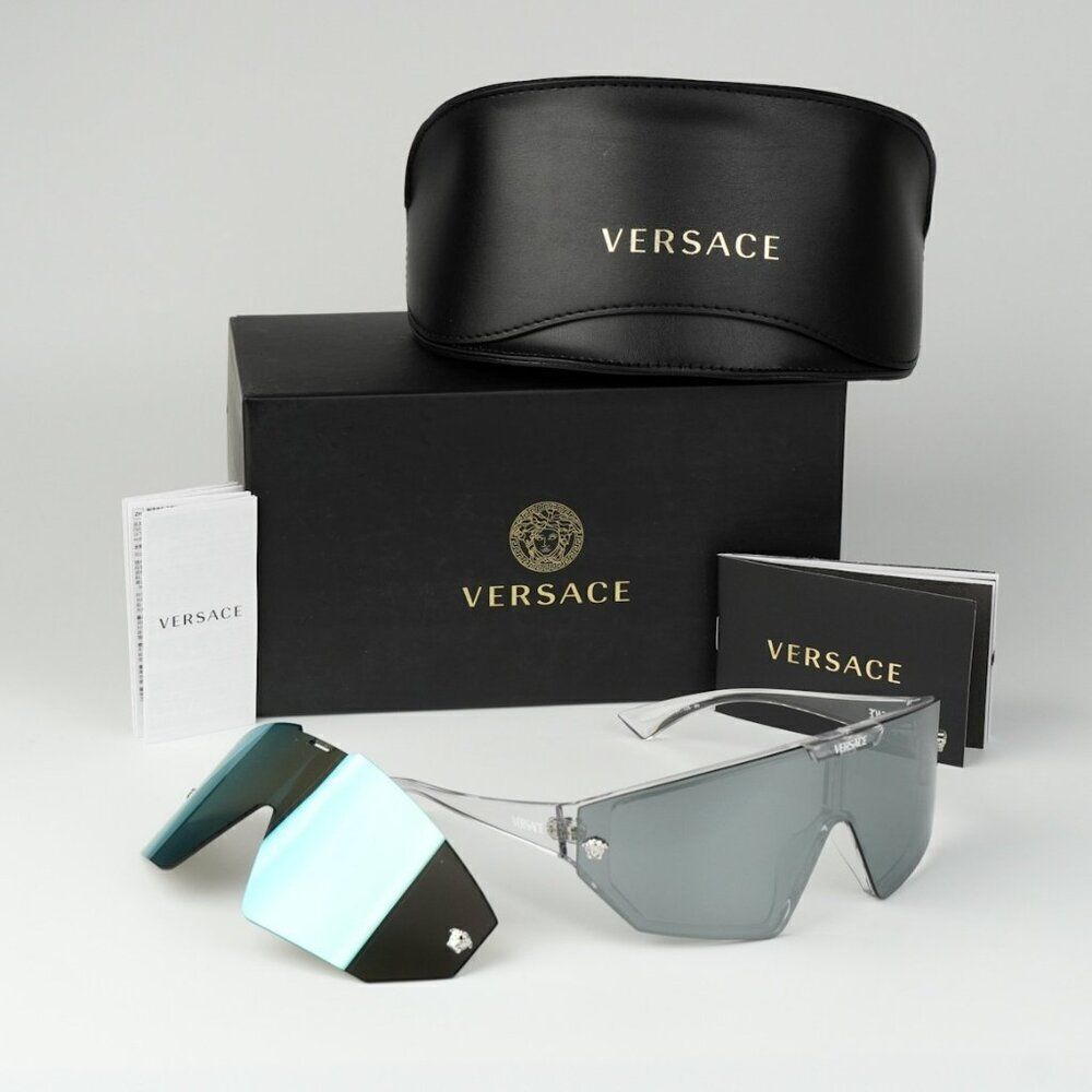 NEW Versace VE4461 148/6V Crystal Grey Mirror Blue Detachable Lens Sunglasses